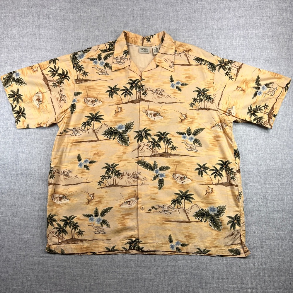 VTG 90s L.L. Bean Hawaiian Shirt Scenic Print Men Large Yellow Camp Coastal Fish